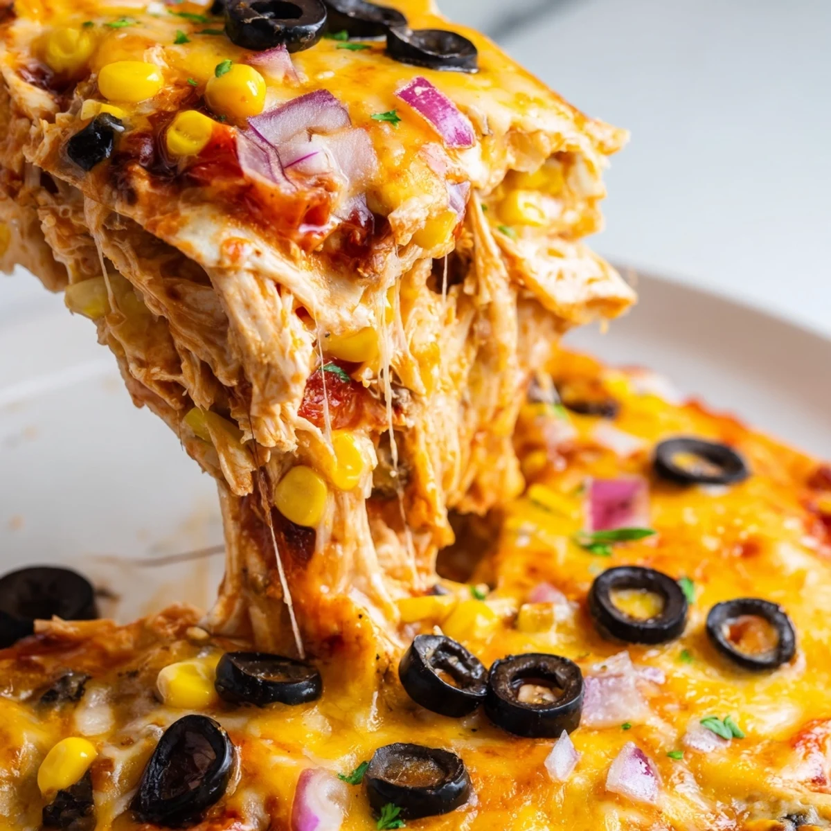 Golden melted cheese tops this cheesy shredded chicken enchilada bake with fresh cilantro garnish