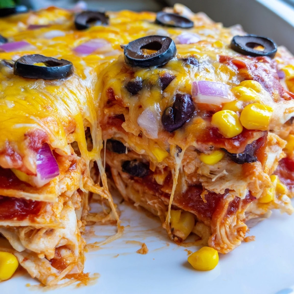 Bubbly cheesy shredded chicken enchilada bake in a 9x13 casserole dish with golden toppings