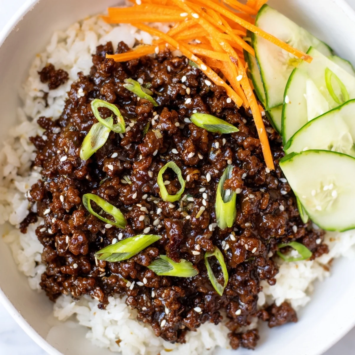 Korean beef bowls with caramelized ground beef and crisp vegetables over fluffy white rice