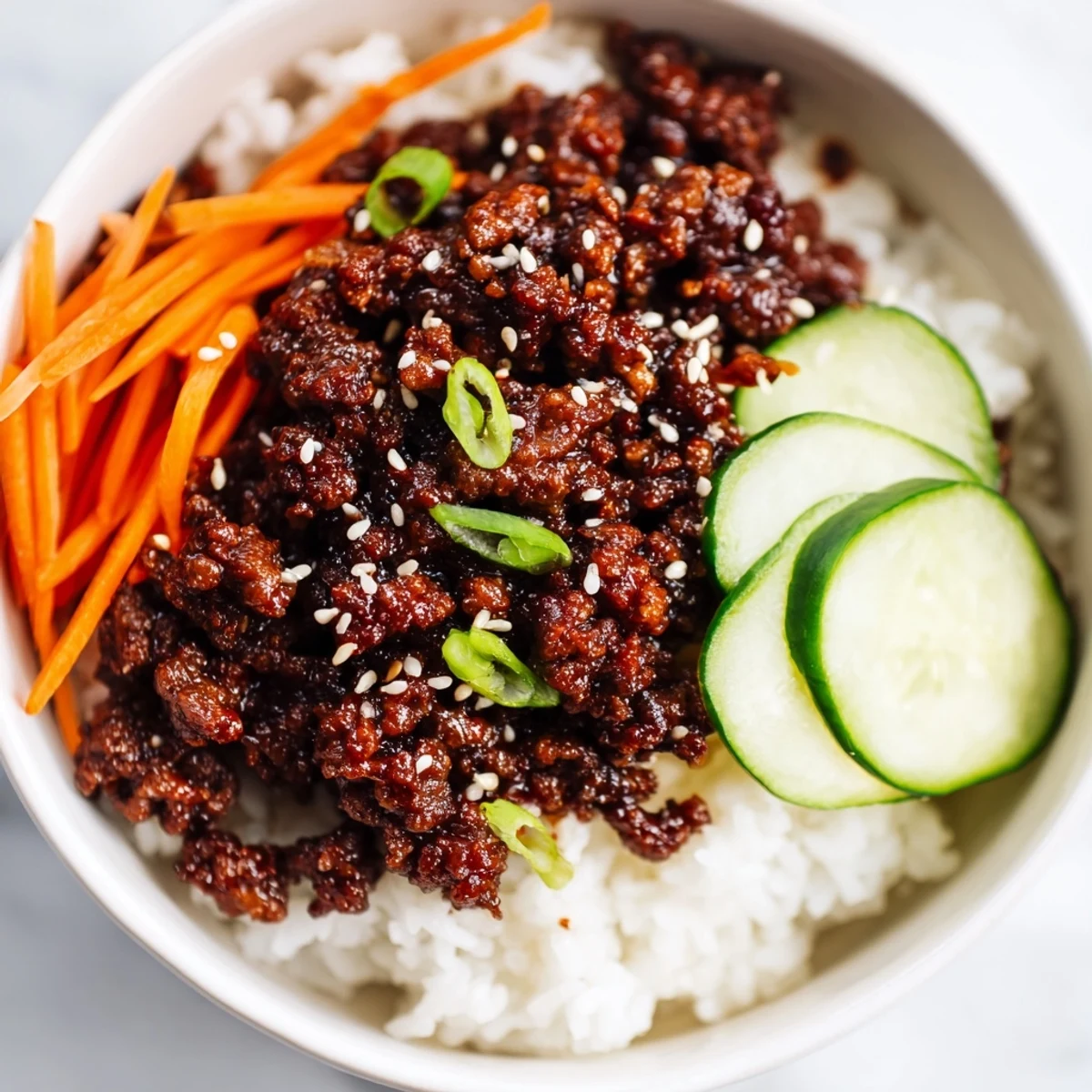 Savory Korean beef bowls topped with sesame seeds scallions and fresh cucumber slices