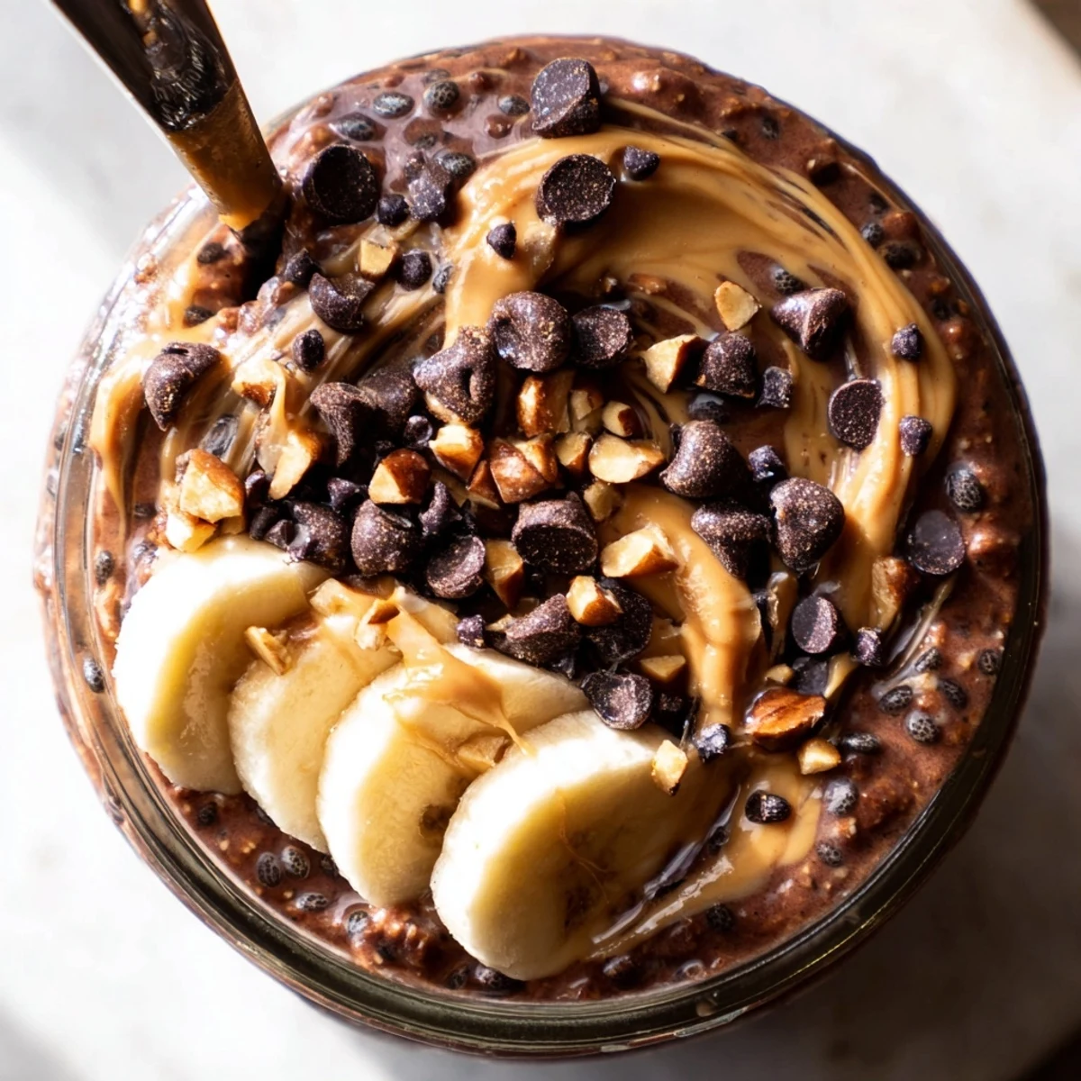 Thick chocolate peanut butter overnight oats swirled with Greek yogurt and fresh banana slices