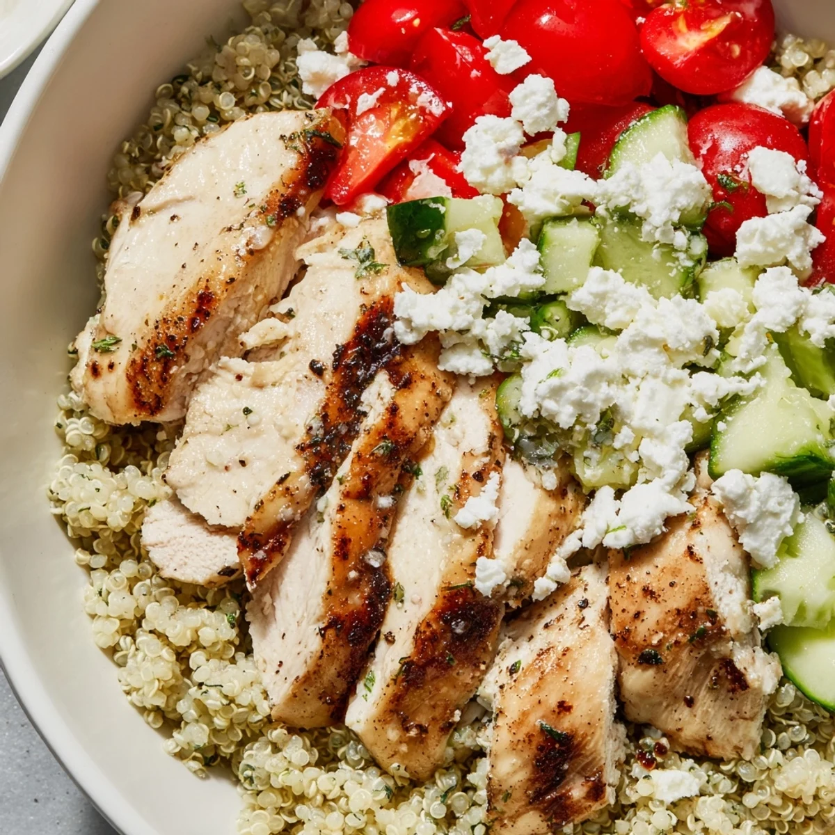 Mediterranean chicken quinoa bowl topped with juicy grilled chicken, fresh vegetables, and creamy crumbled feta cheese