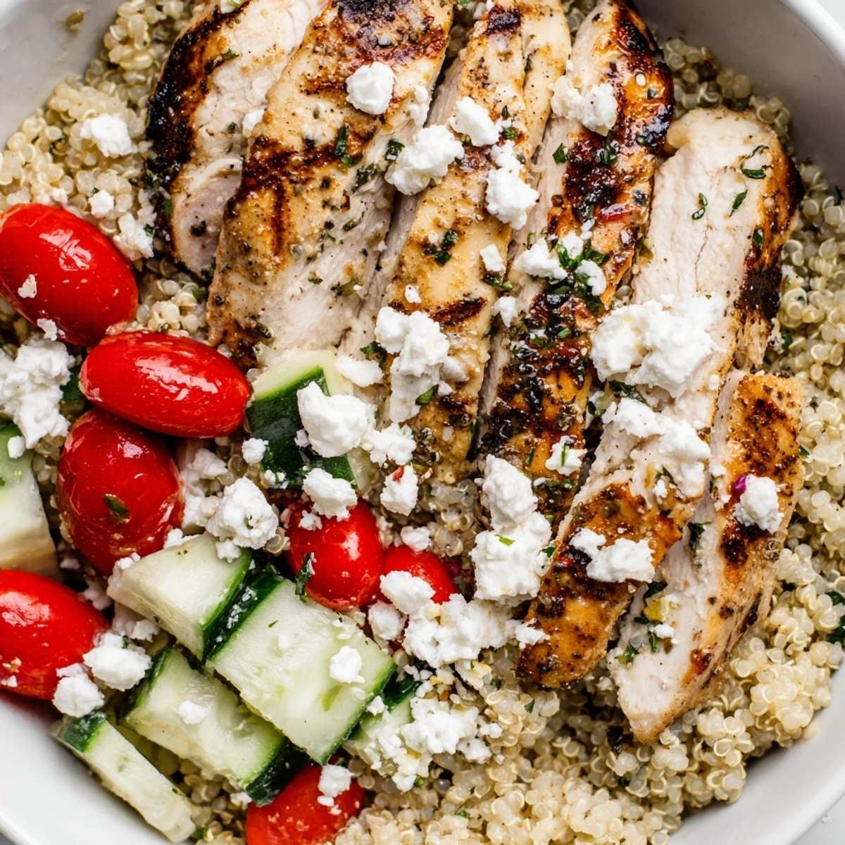 Colorful Mediterranean chicken quinoa bowl featuring crisp cucumbers, ripe tomatoes, and zesty herb dressing