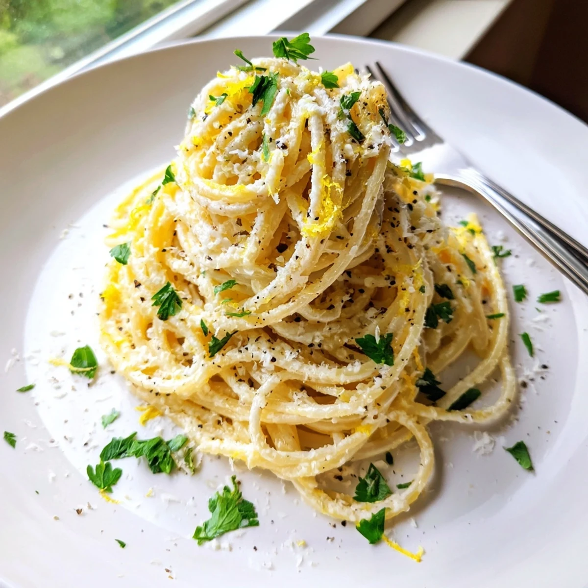 Creamy Parmesan lemon pasta twirled on a fork with fresh herb garnish