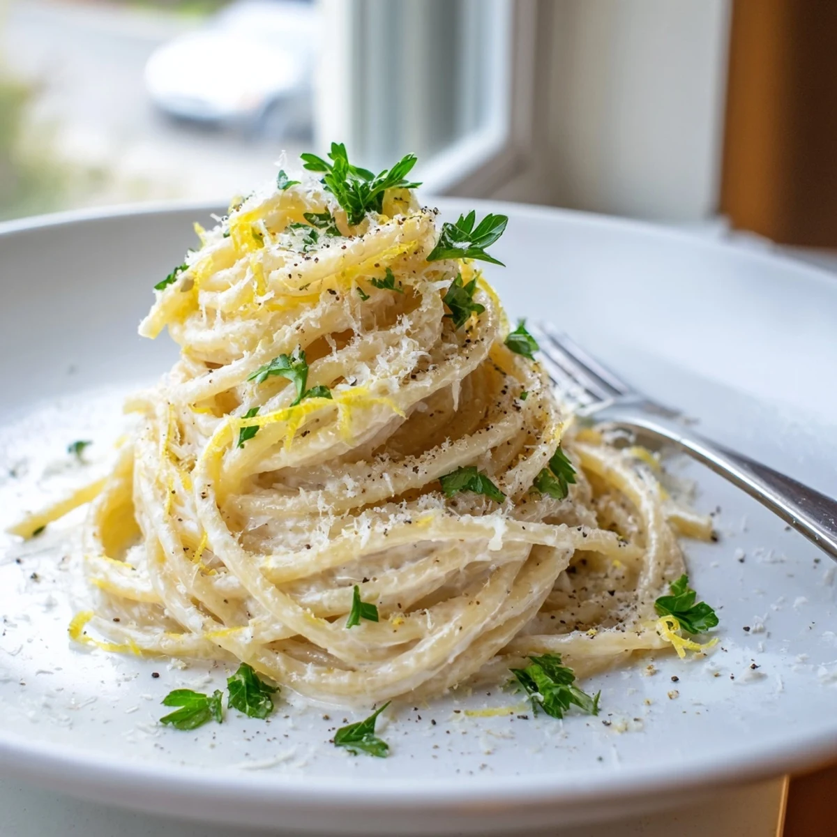 Steaming plate of Parmesan lemon pasta topped with cracked black pepper