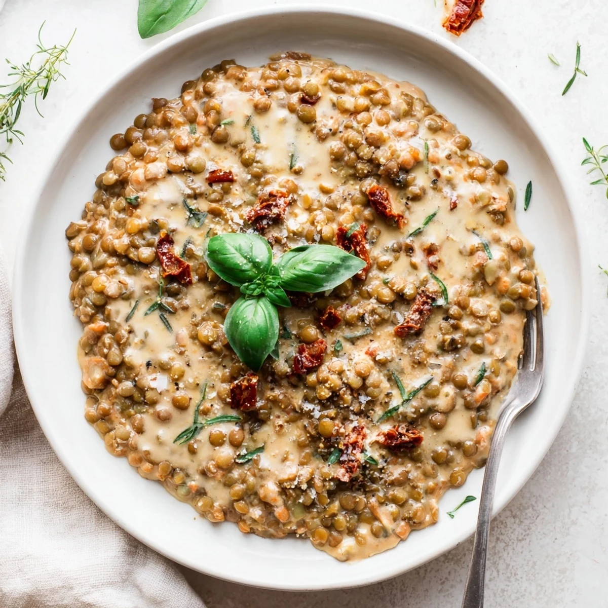 Creamy Marry Me Lentils in rich sun-dried tomato sauce topped with fresh basil garnish