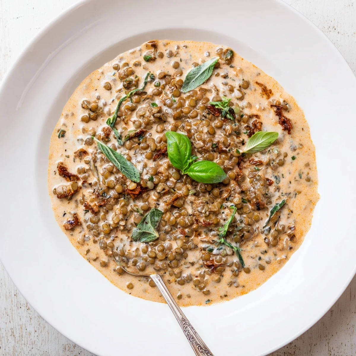 Warm bowl of Creamy Marry Me Lentils with Parmesan and aromatic herb seasonings