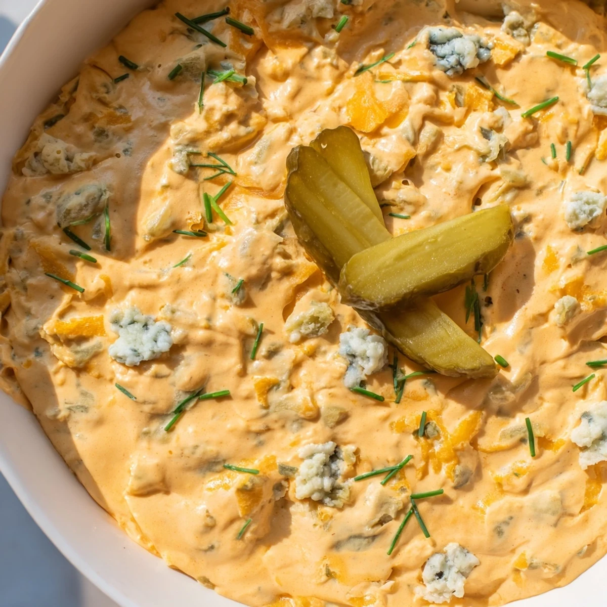 Tangy buffalo pickle dip topped with chopped chives and pickle slices for game day snacking