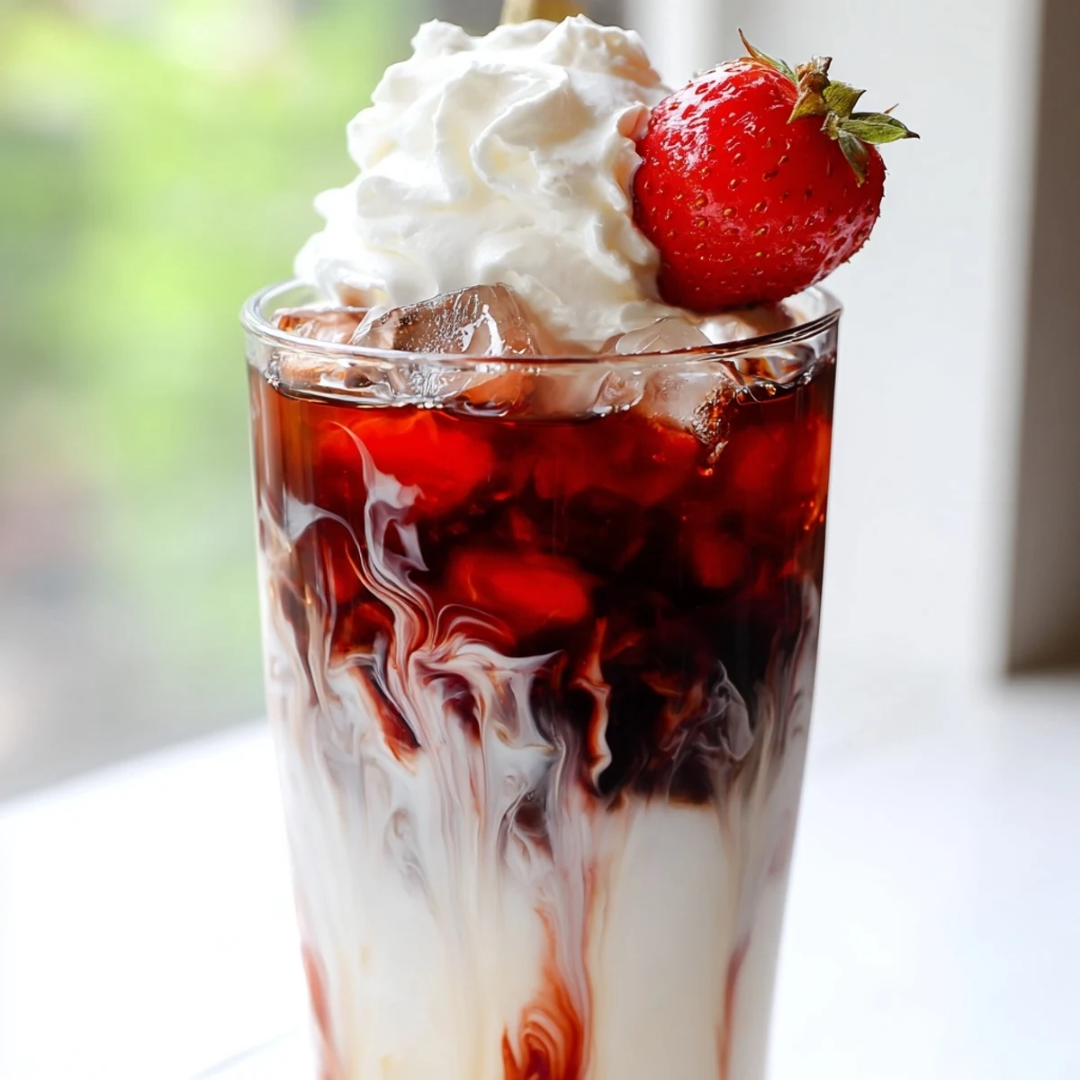 Creamy strawberry cold latte in a tall glass with swirled coffee layers and fresh berry garnish