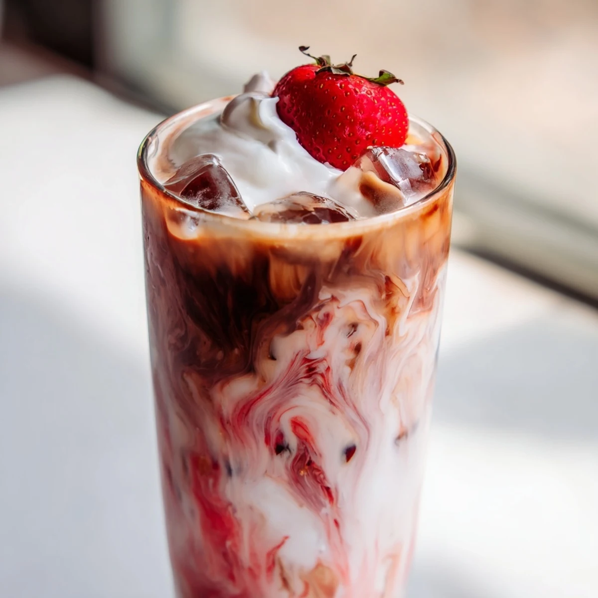 Refreshing strawberry cream cold latte served over ice with whipped cream topping a summer beverage
