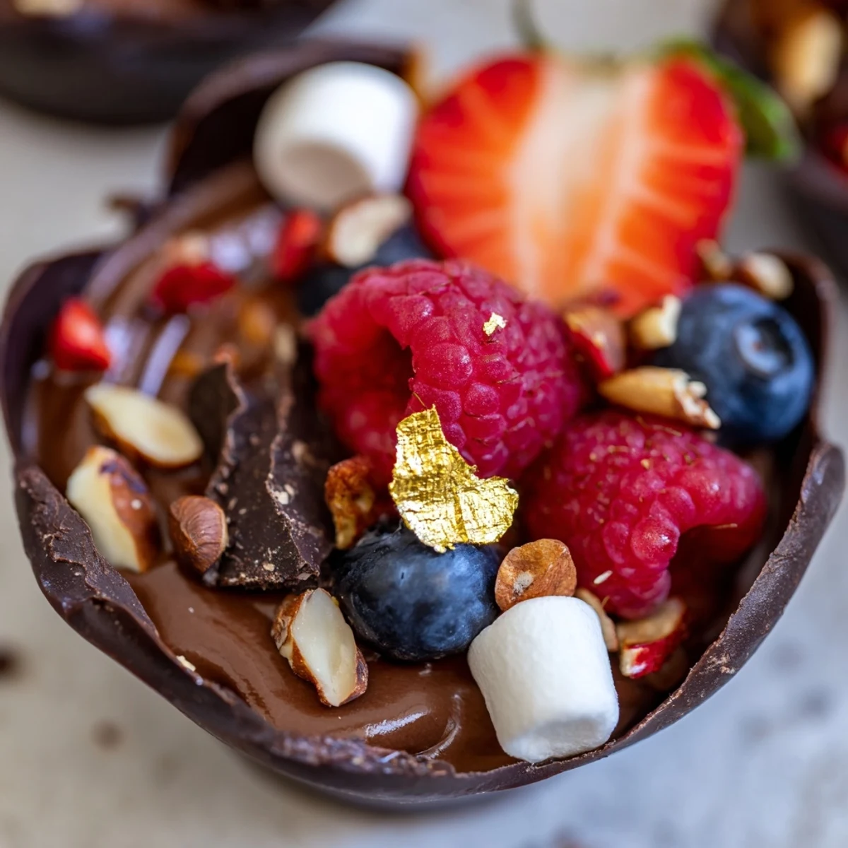 Chocolate grazing cups filled with velvety mousse and topped with fresh berries and nuts