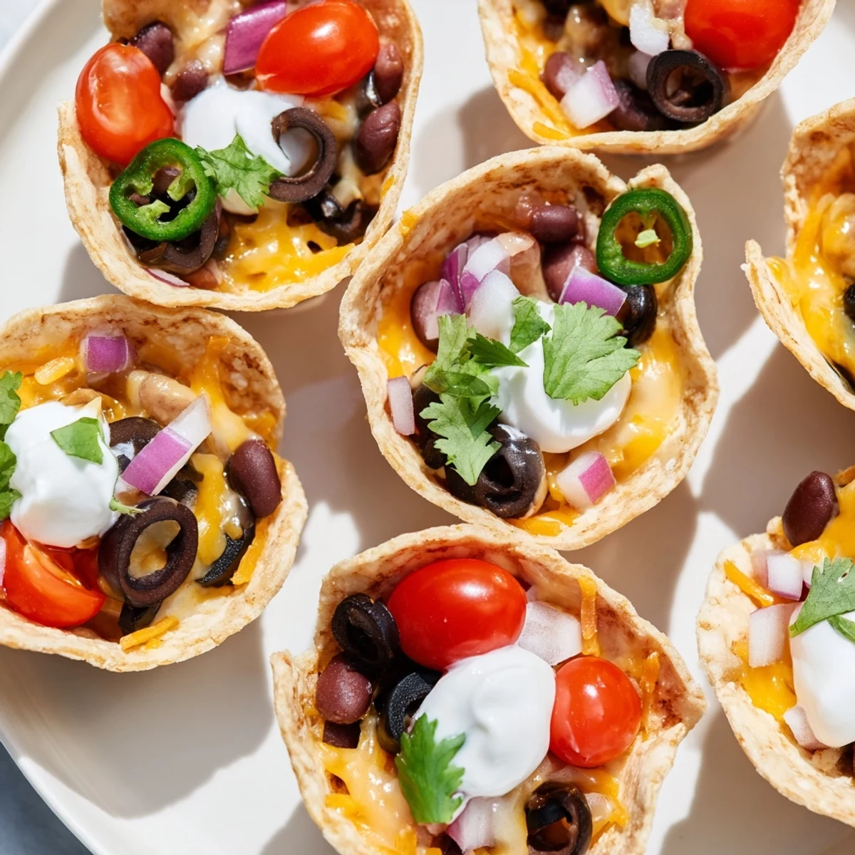 Golden cheesy nacho cups bubbling with melted cheddar and colorful fresh toppings in muffin tin
