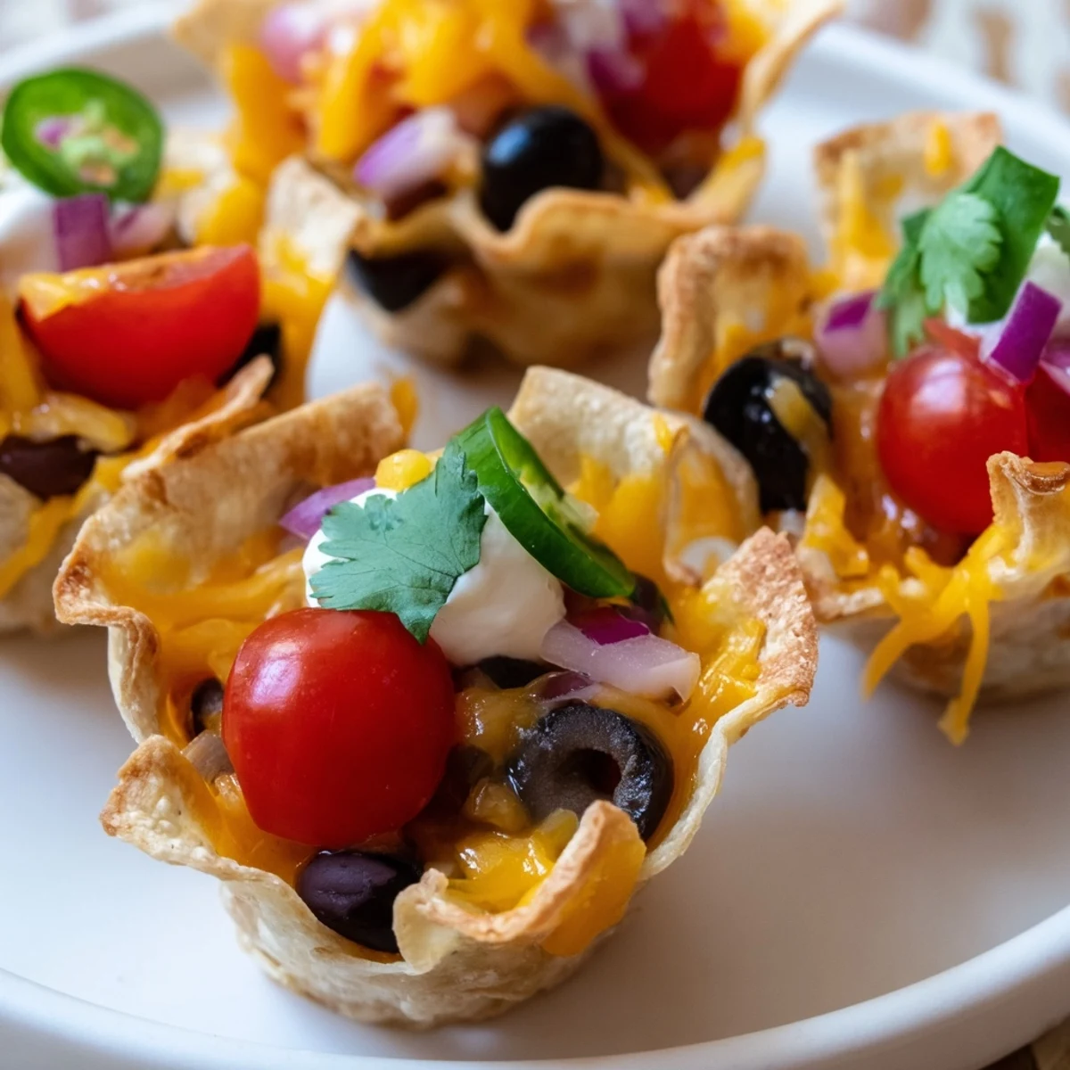 Crispy tortilla cups loaded with gooey Monterey Jack cheese, black beans, and zesty jalapeño slices