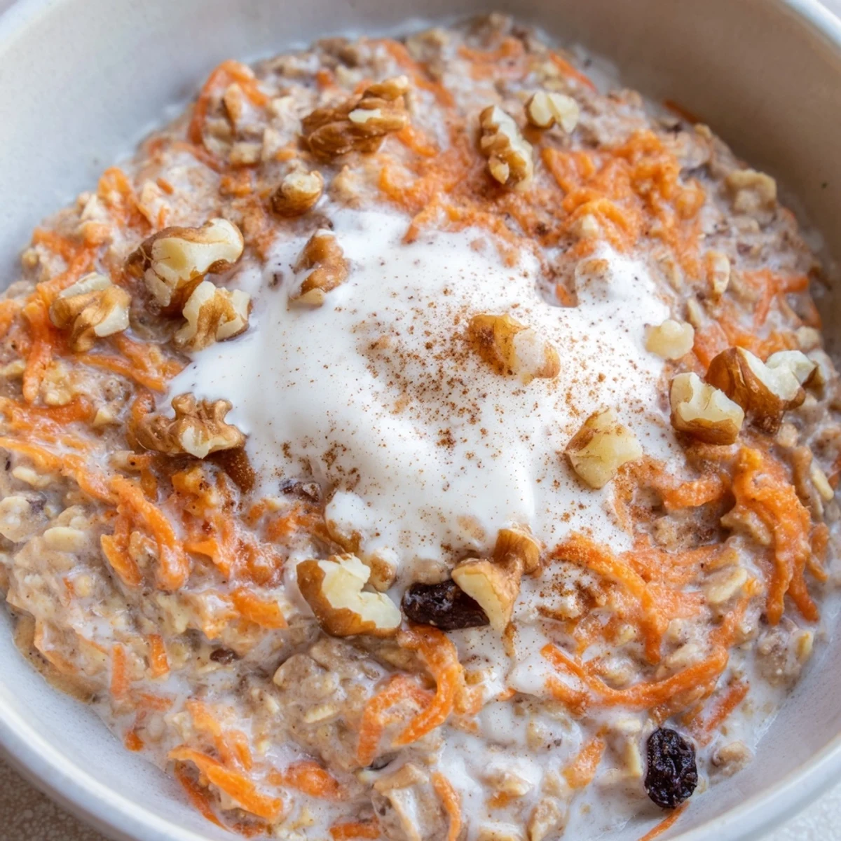 Carrot cake overnight oats with grated carrots, raisins, and a sprinkle of warm spices