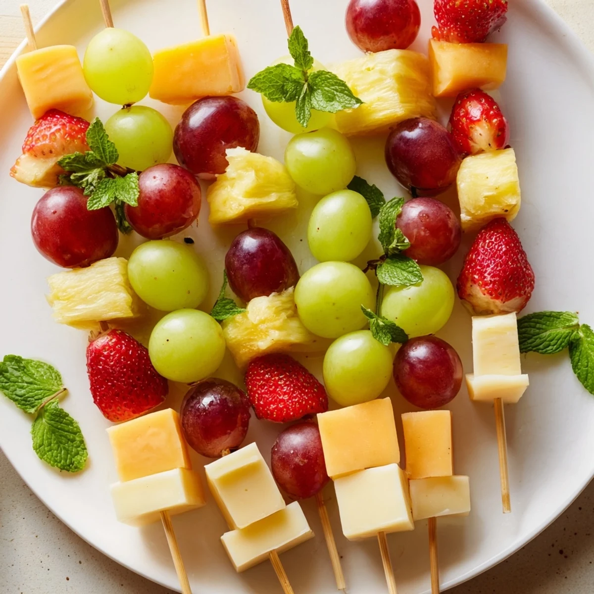 Colorful fruit and cheese kabobs arranged on platter with grapes strawberries pineapple and cheddar cubes