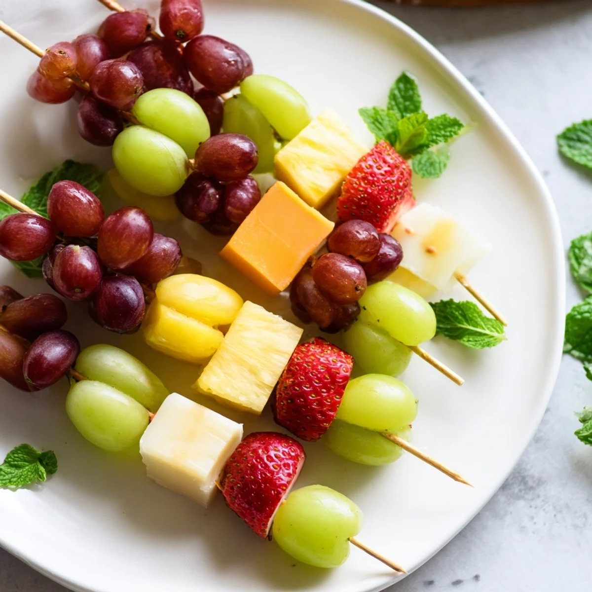 Refreshing fruit and cheese kabobs featuring alternating chunks of creamy mozzarella and ripe red grapes