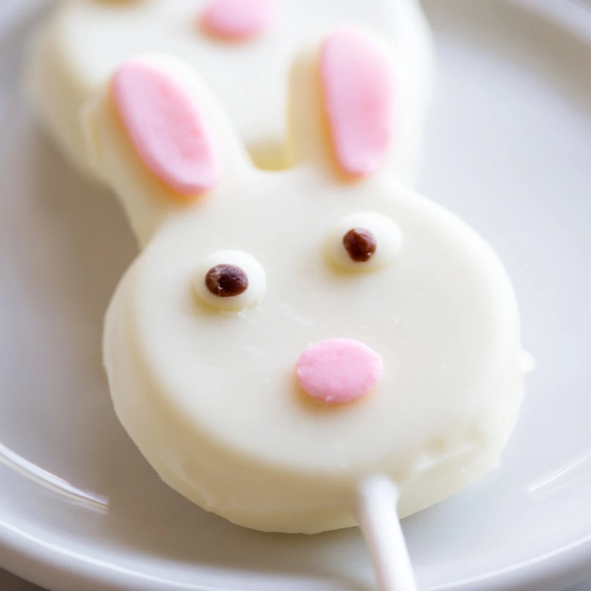 Homemade white chocolate bunny cakesicles on sticks drizzled with pastel colored chocolate