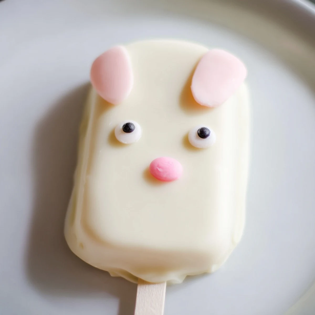 Creamy white chocolate bunny cakesicles decorated with pink fondant ears and sprinkles