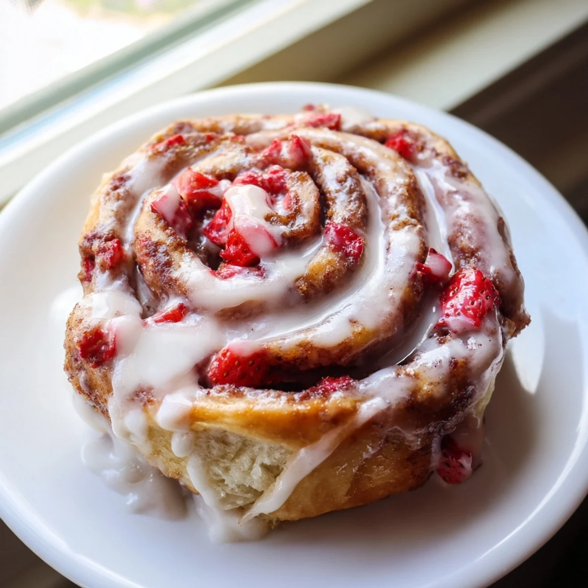 Golden strawberry cinnamon rolls with cream cheese glaze dripping down the soft, swirled layers
