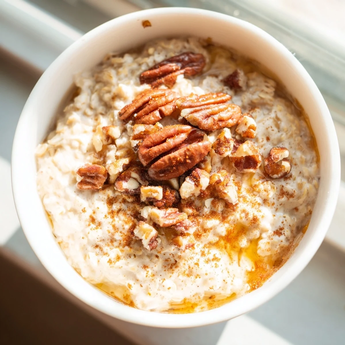 Creamy maple cinnamon pecan overnight oats in a mason jar topped with crunchy nuts