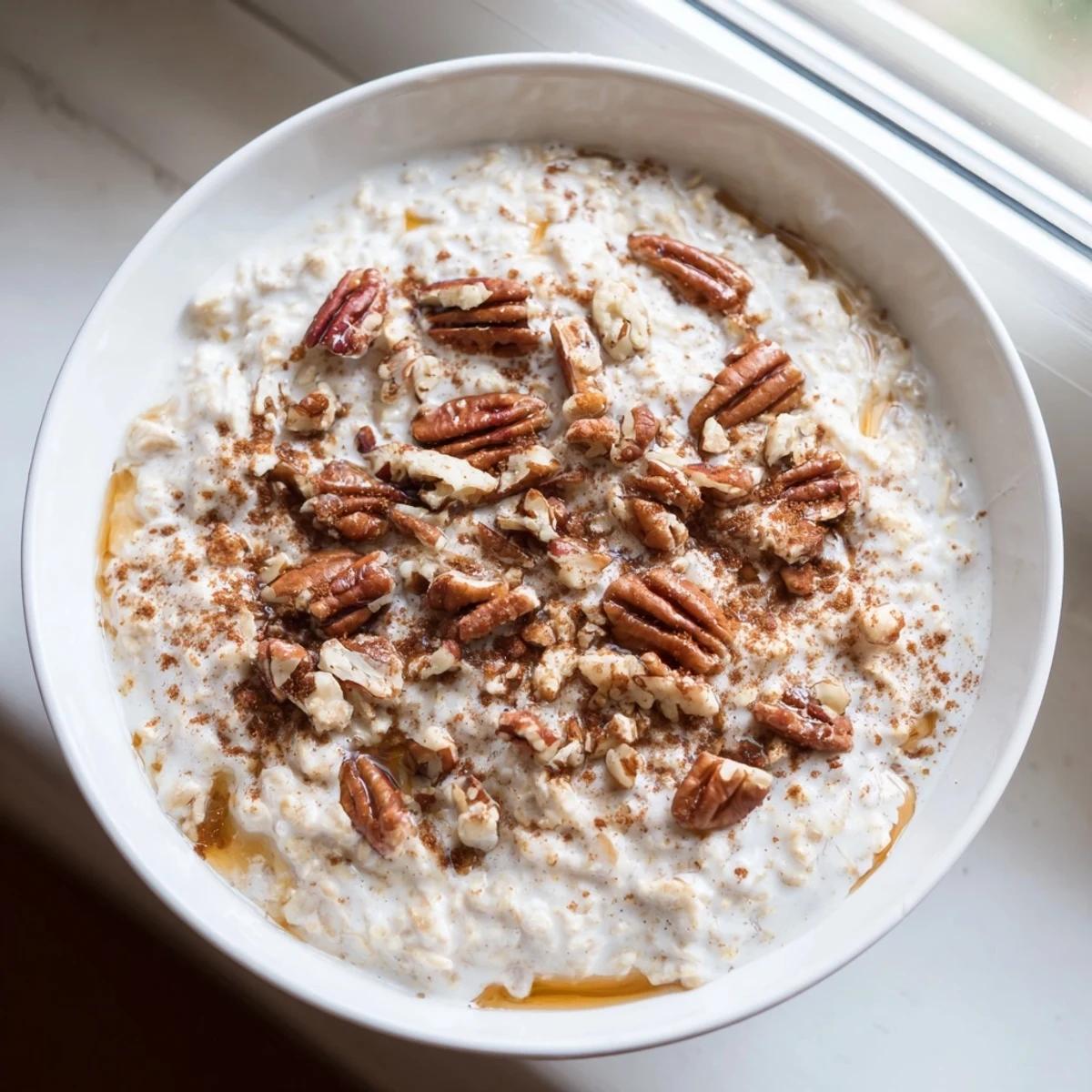 Maple cinnamon pecan overnight oats swirled with sweet syrup and toasted nut pieces