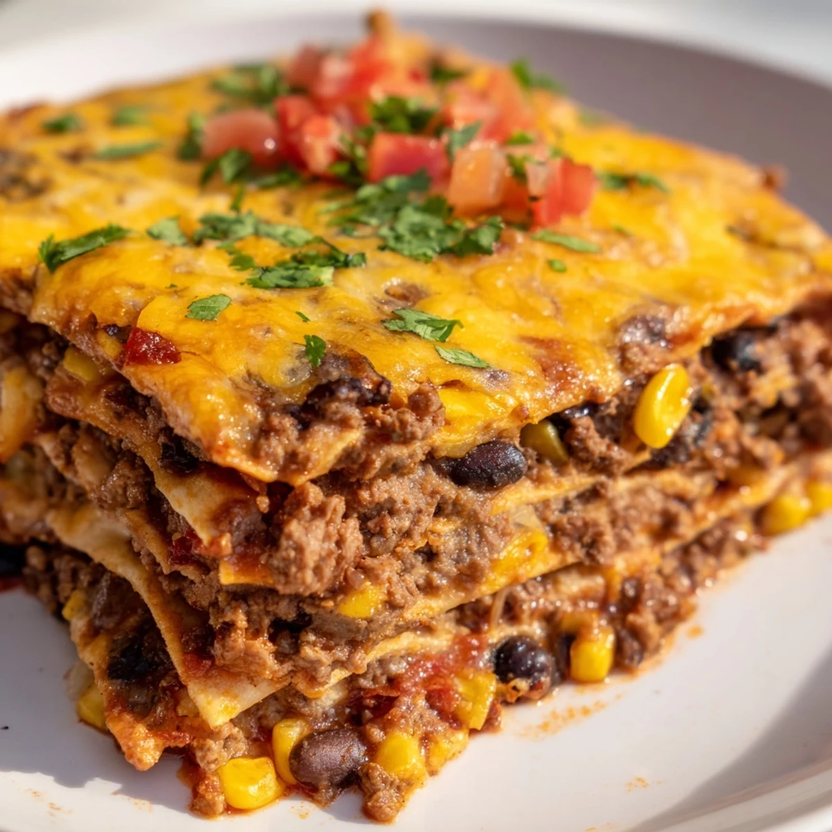 Golden bubbling baked beef enchilada casserole with melted cheese and rich red sauce