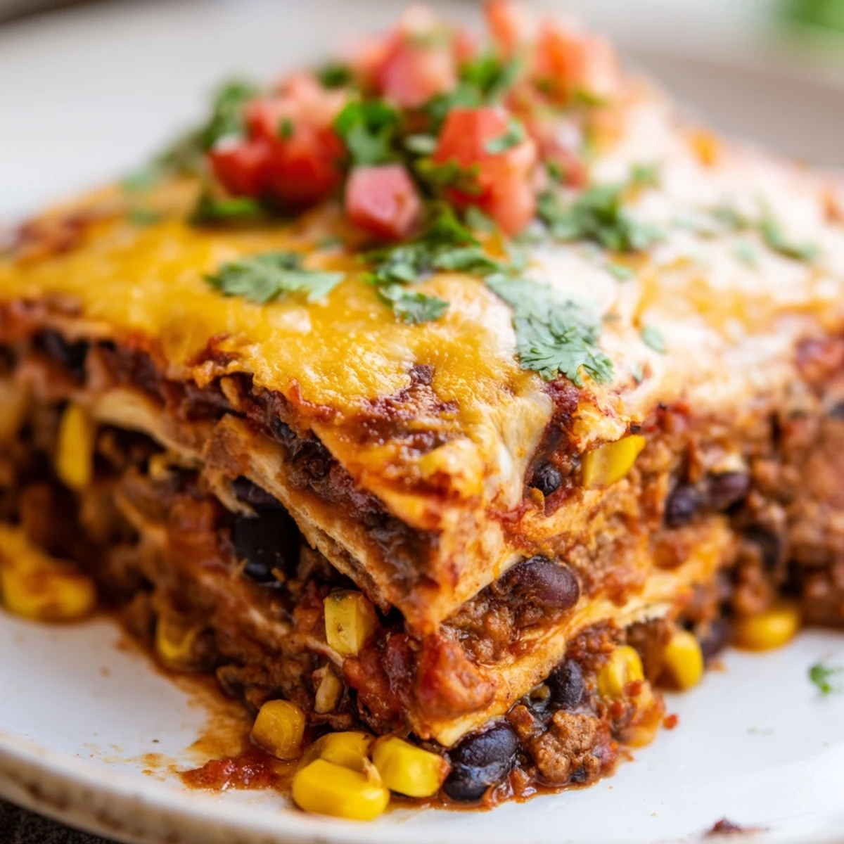 Layered baked beef enchilada casserole topped with gooey cheddar and fresh cilantro garnish
