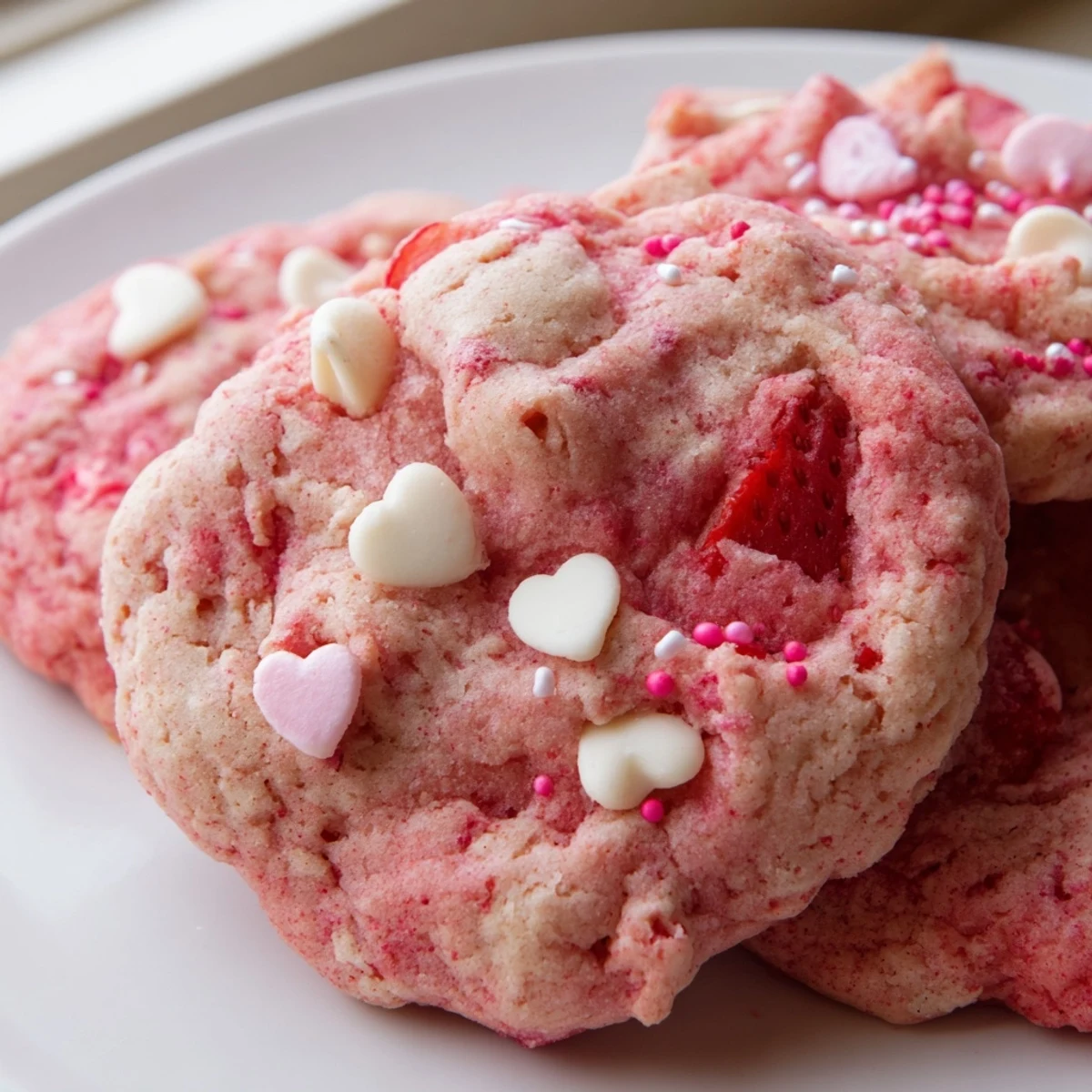 Soft pink Valentine Strawberry Cookies with white chocolate chips on a rustic baking sheet