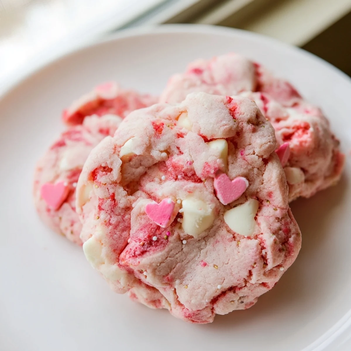 Chewy Valentine Strawberry Cookies studded with white chocolate and topped with heart sprinkles