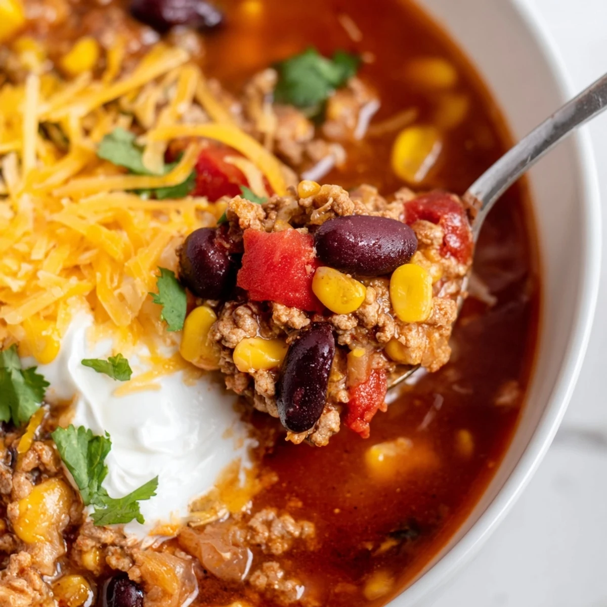 Steaming bowl of Crockpot Ground Beef Taco Soup topped with melted shredded cheese