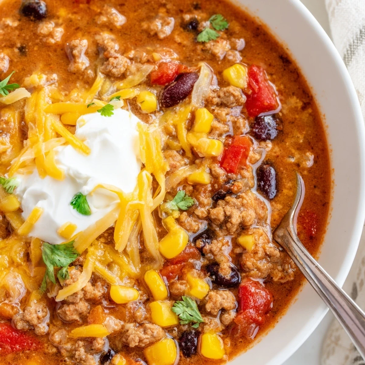 Colorful Crockpot Ground Beef Taco Soup loaded with beans corn and beef