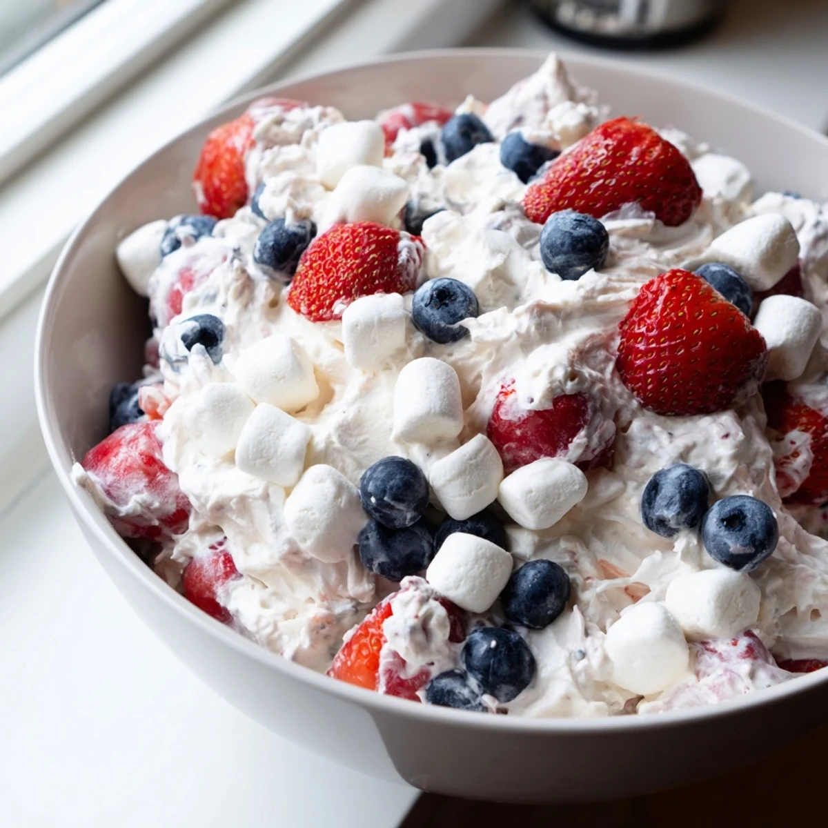 Creamy Red White Blue Cheesecake Salad loaded with fresh berries and mini marshmallows