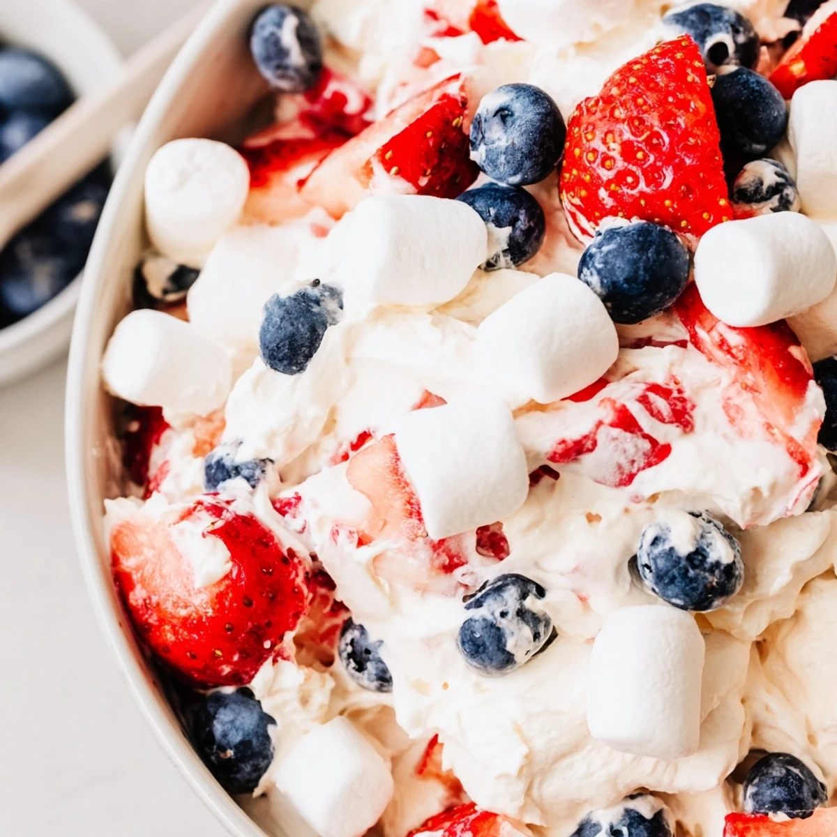 Red White Blue Cheesecake Salad in a glass bowl garnished with plump ripe strawberries