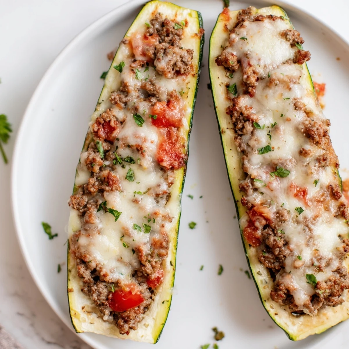 Golden cheesy stuffed zucchini boats with ground beef fresh from the oven