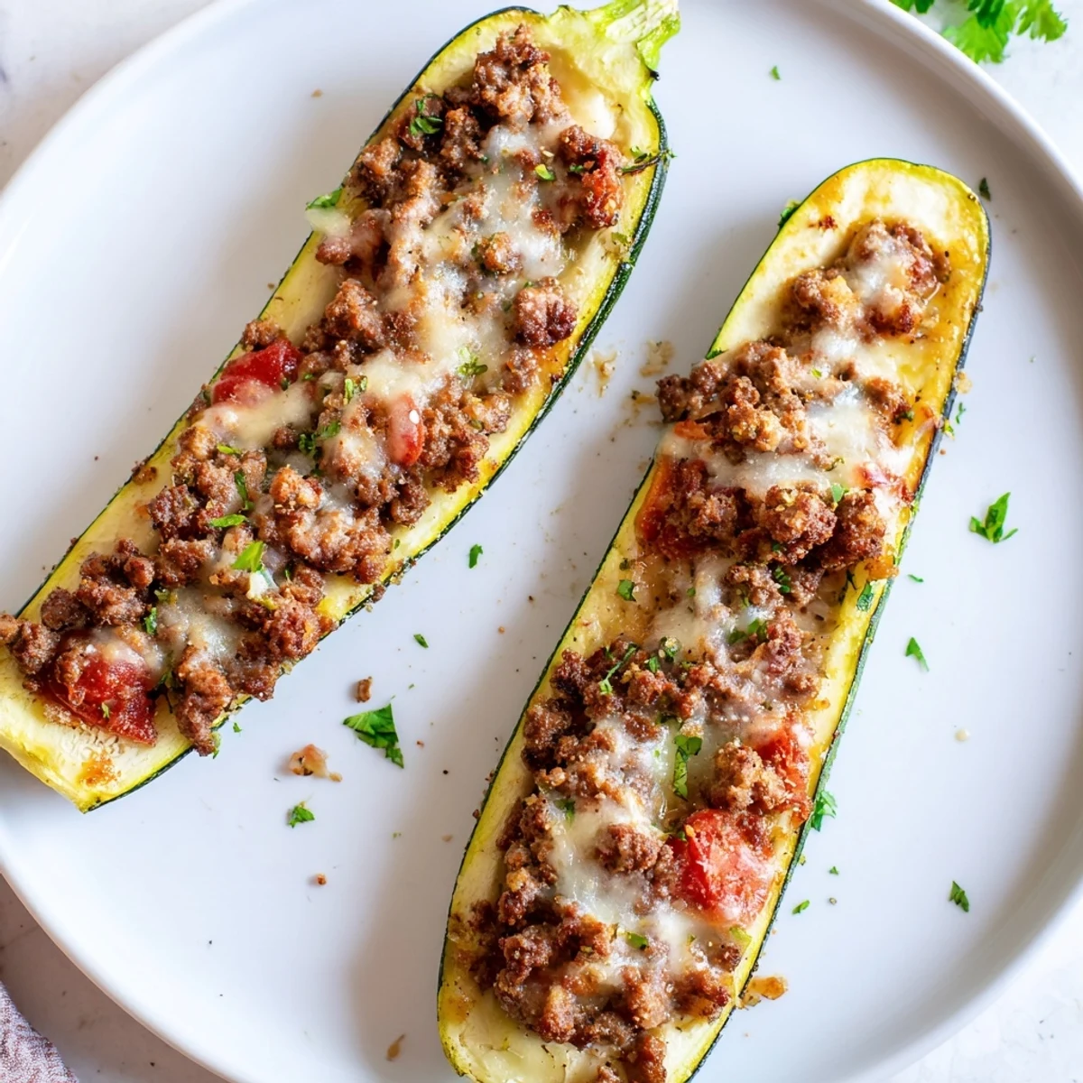Stuffed zucchini boats with ground beef topped with bubbly melted mozzarella cheese