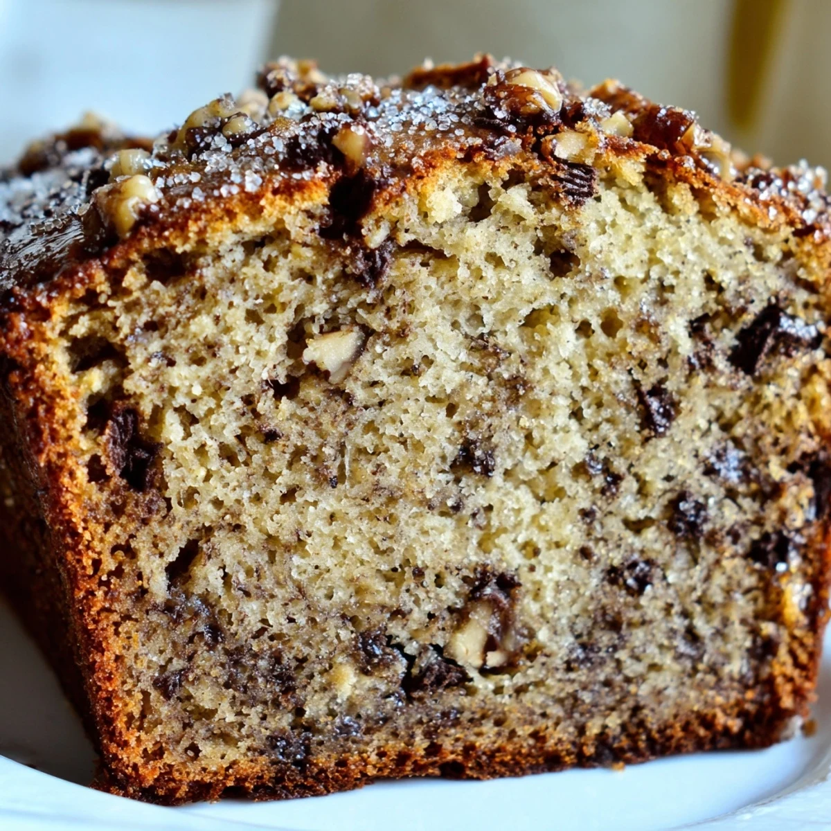 Moist banana bread loaf topped with crunchy sugar topping fresh from the oven