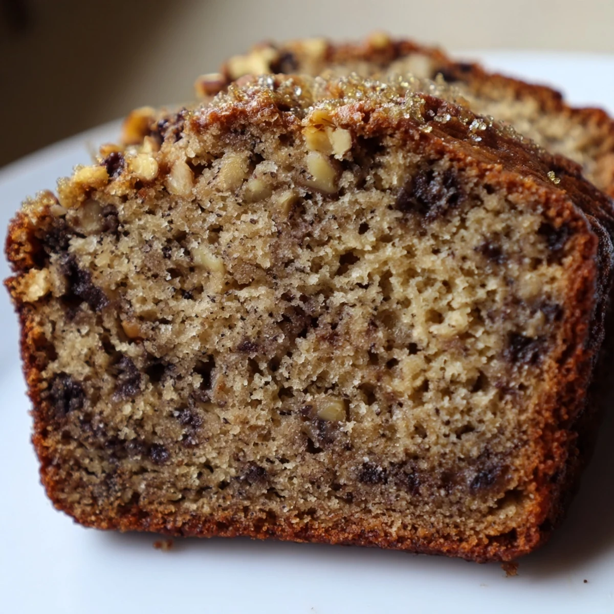 Warm slices of moist banana bread with golden crust on a rustic cutting board
