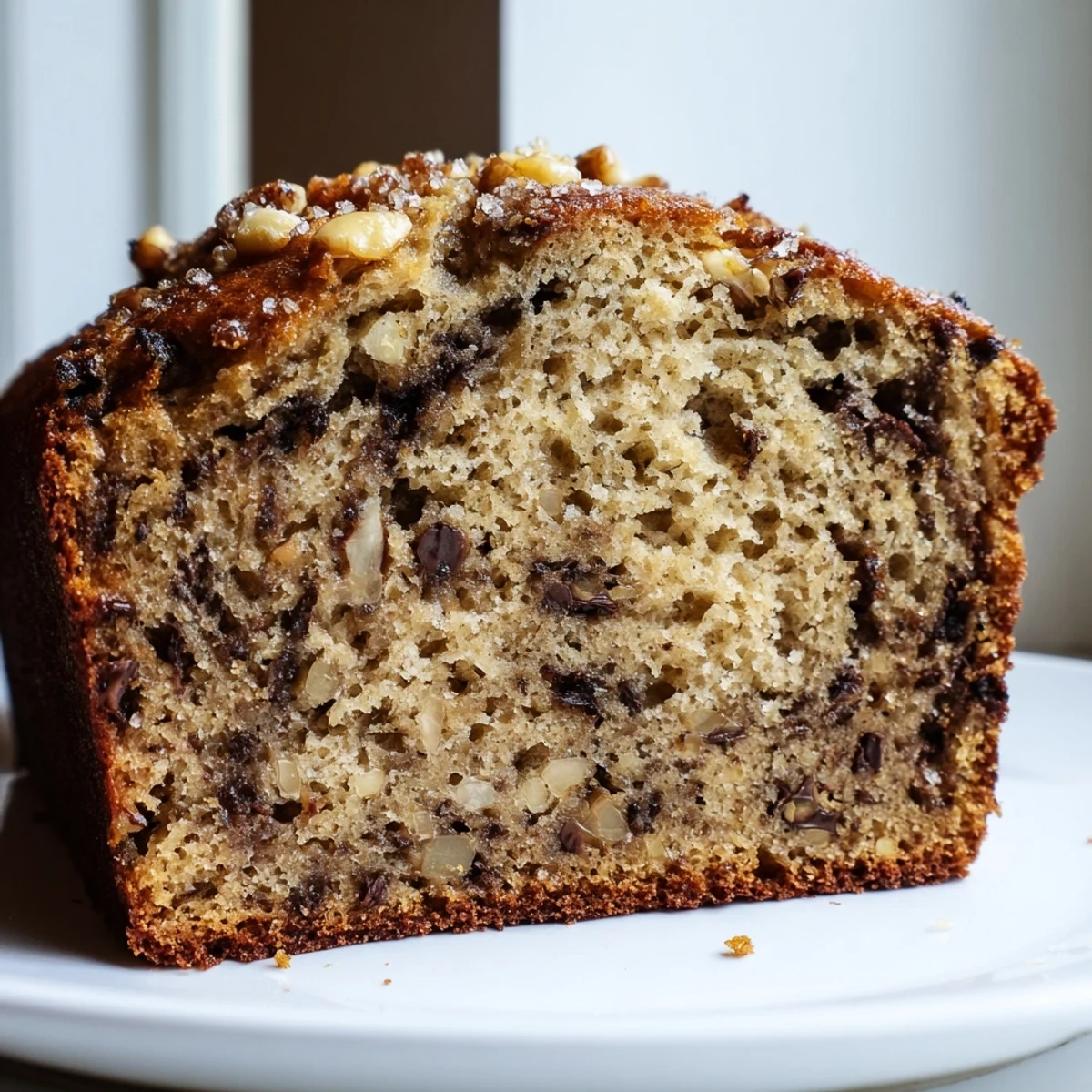 Thick slice of tender moist banana bread served with butter on a plate