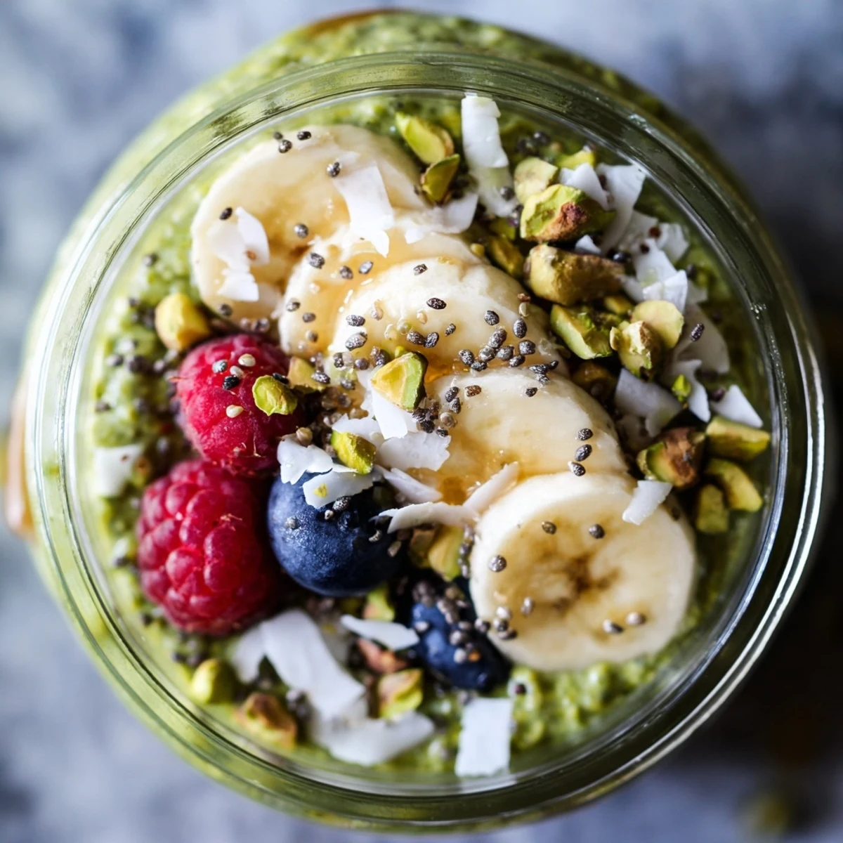 Creamy matcha overnight oats in a mason jar topped with fresh berries and sliced banana