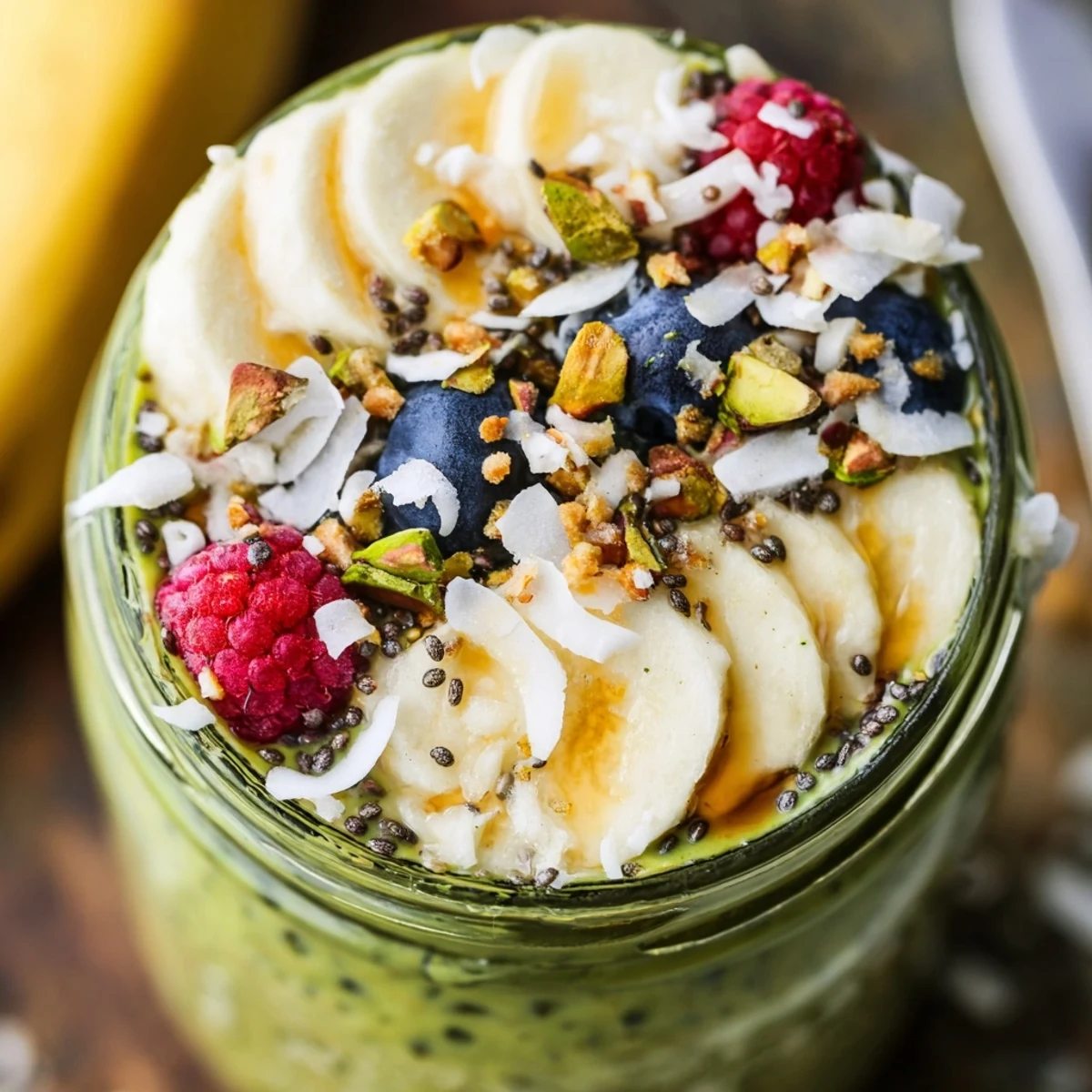 Vibrant green matcha overnight oats served with coconut flakes and crunchy pistachios on top