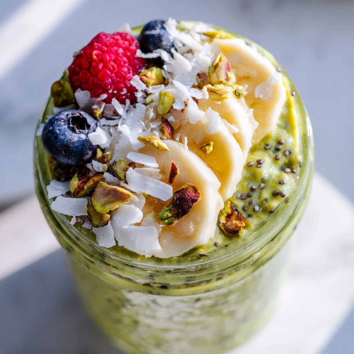Thick and luscious matcha overnight oats layered in a glass with toasted almonds and honey