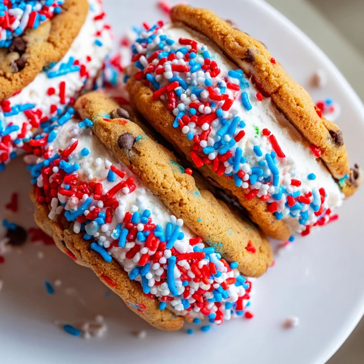 Patriotic Mini Ice Cream Sandwiches coated in red white and blue sprinkles on a summer tray