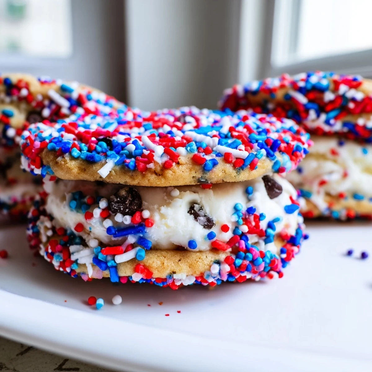 Frozen Patriotic Mini Ice Cream Sandwiches nestled between chocolate chip cookies for Fourth of July