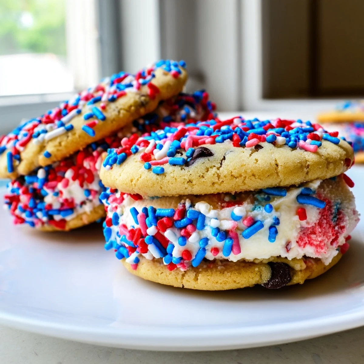 Bite-sized Patriotic Mini Ice Cream Sandwiches with vanilla filling and colorful festive sprinkle edges