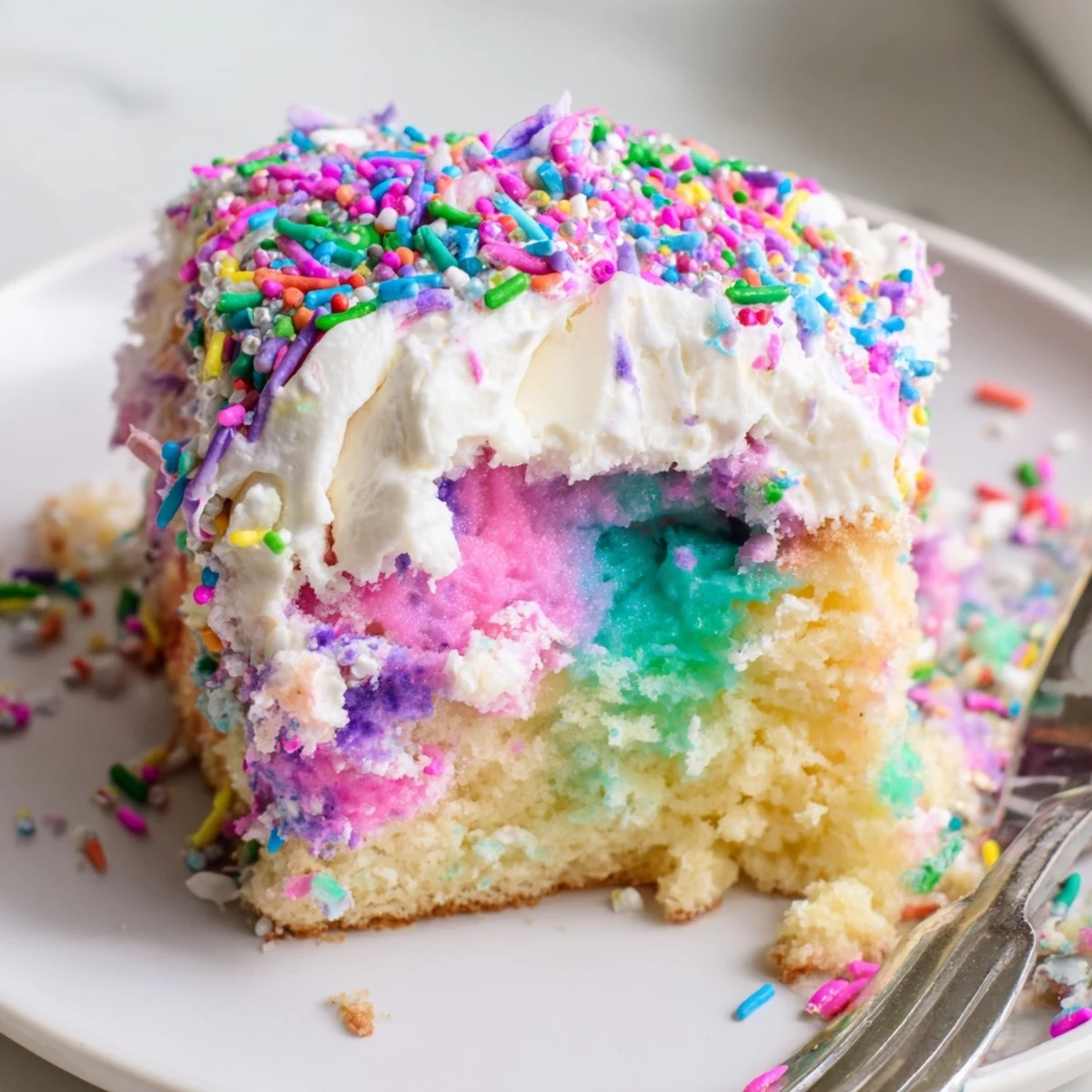 A slice of Unicorn Poke Cake reveals rainbow pudding swirled throughout fluffy confetti cake topped with swirled whipped cream and colorful sprinkles.