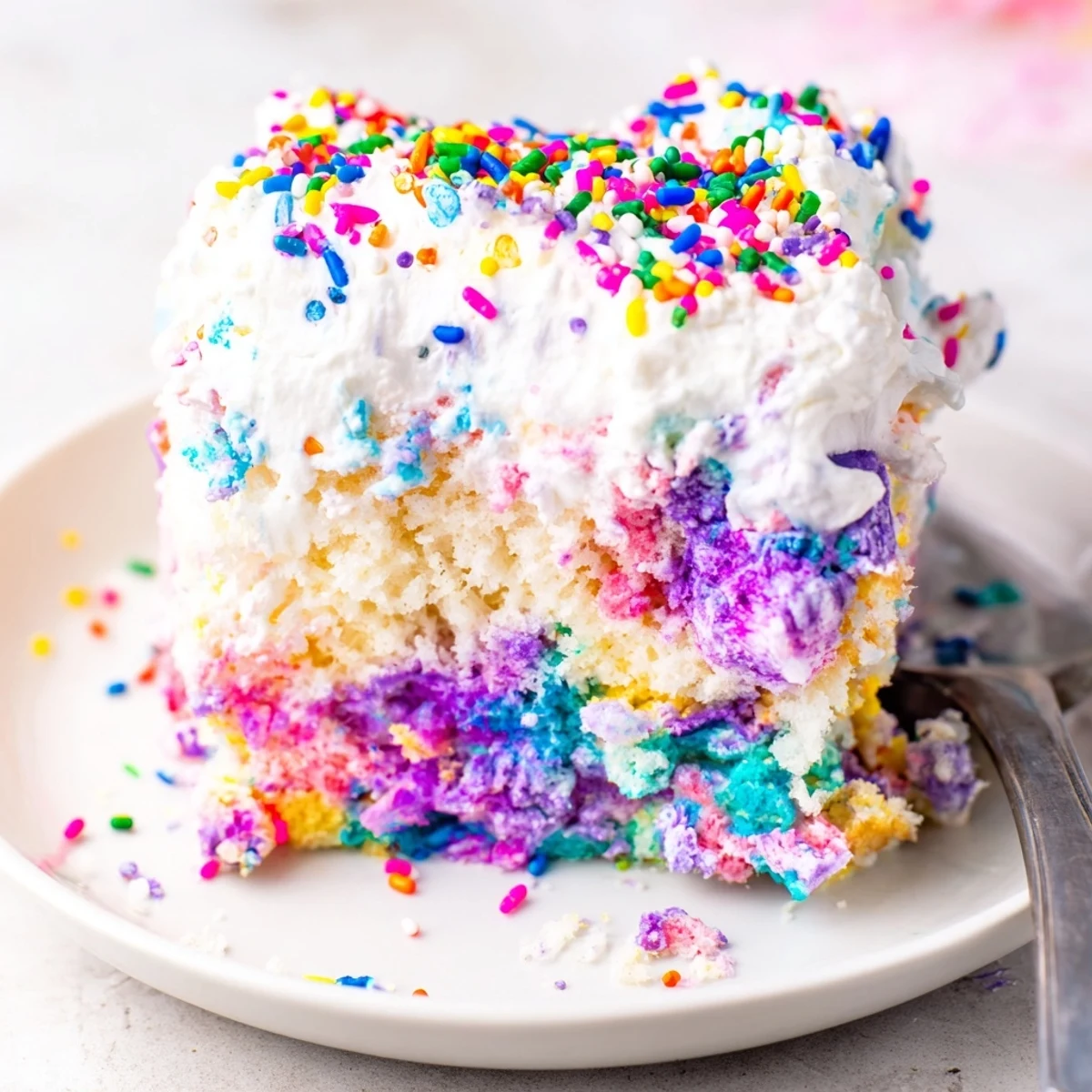 Festive Unicorn Poke Cake served on a white plate showcases vibrant pink purple blue and yellow pudding stripes beneath a cloud of whipped topping.
