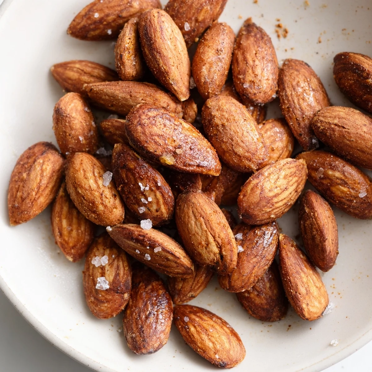 Golden roasted almonds sprinkled with sea salt in a rustic ceramic bowl