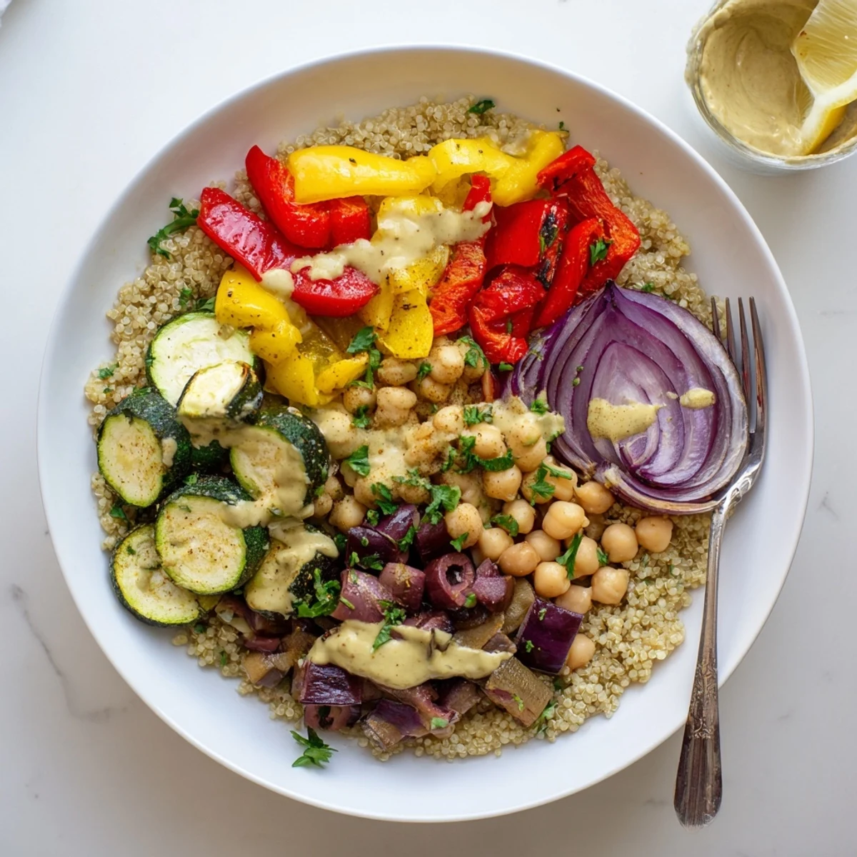 Crispy chickpeas and tender roasted veggies served in a vegan Mediterranean roasted vegetables bowl with fresh parsley.