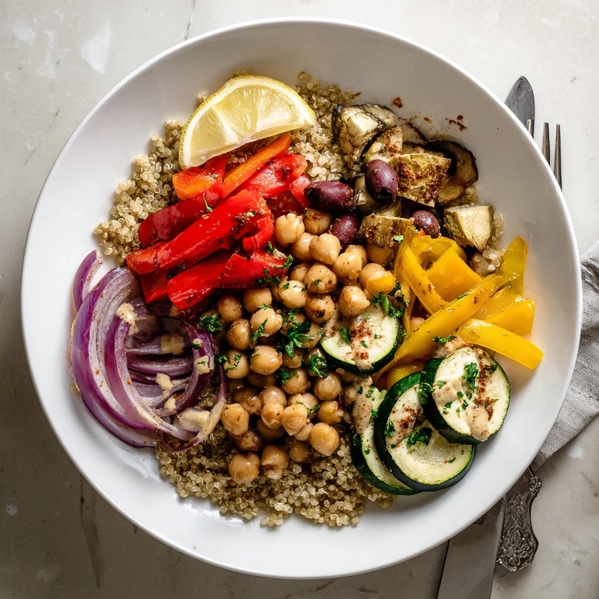 A warm vegan Mediterranean roasted vegetables bowl over quinoa topped with zesty lemon tahini dressing.