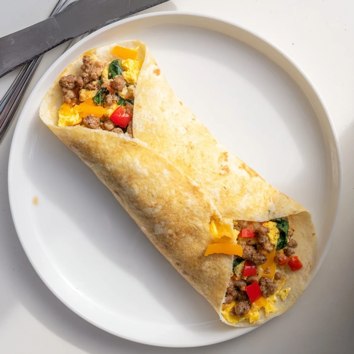 Golden freezer breakfast burritos stuffed with scrambled eggs, sausage, and melted cheddar